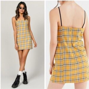 Urban Outfitters Dress Plaid Square Neck Sheath Mini Dress Yellow Small